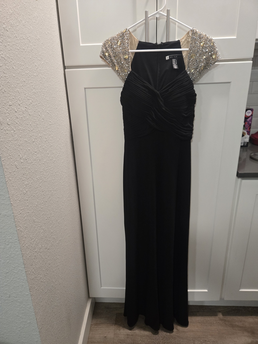 JS Botique Black Evening Gown with Beaded Cap Sleeves